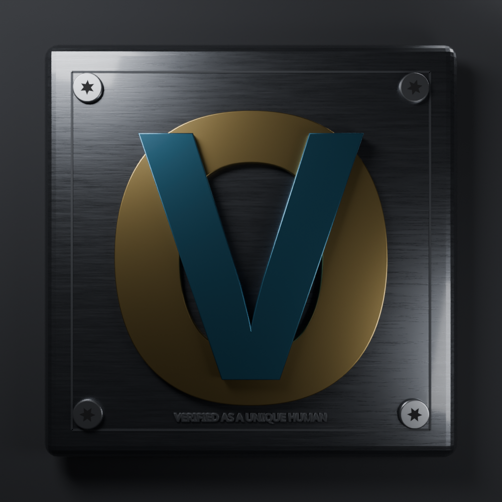 The Operator Verified plate: a brushed steel credential plate, gold O and deep steel blue V overlaid, the words ‘verified as a unique human’ engraved along the base