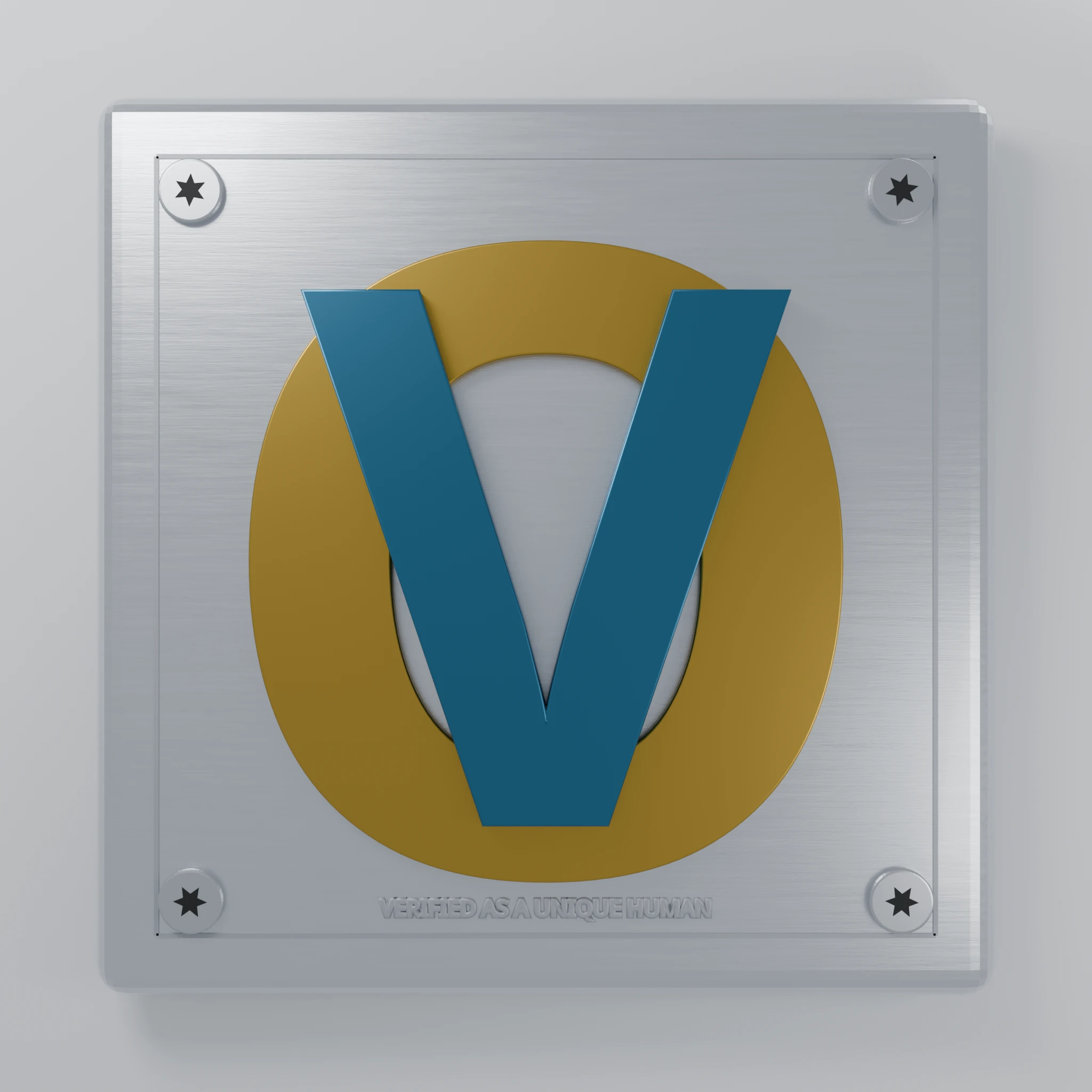 The Operator Verified plate: a brushed steel credential plate, gold O and deep steel blue V overlaid, the words ‘verified as a unique human’ engraved along the base